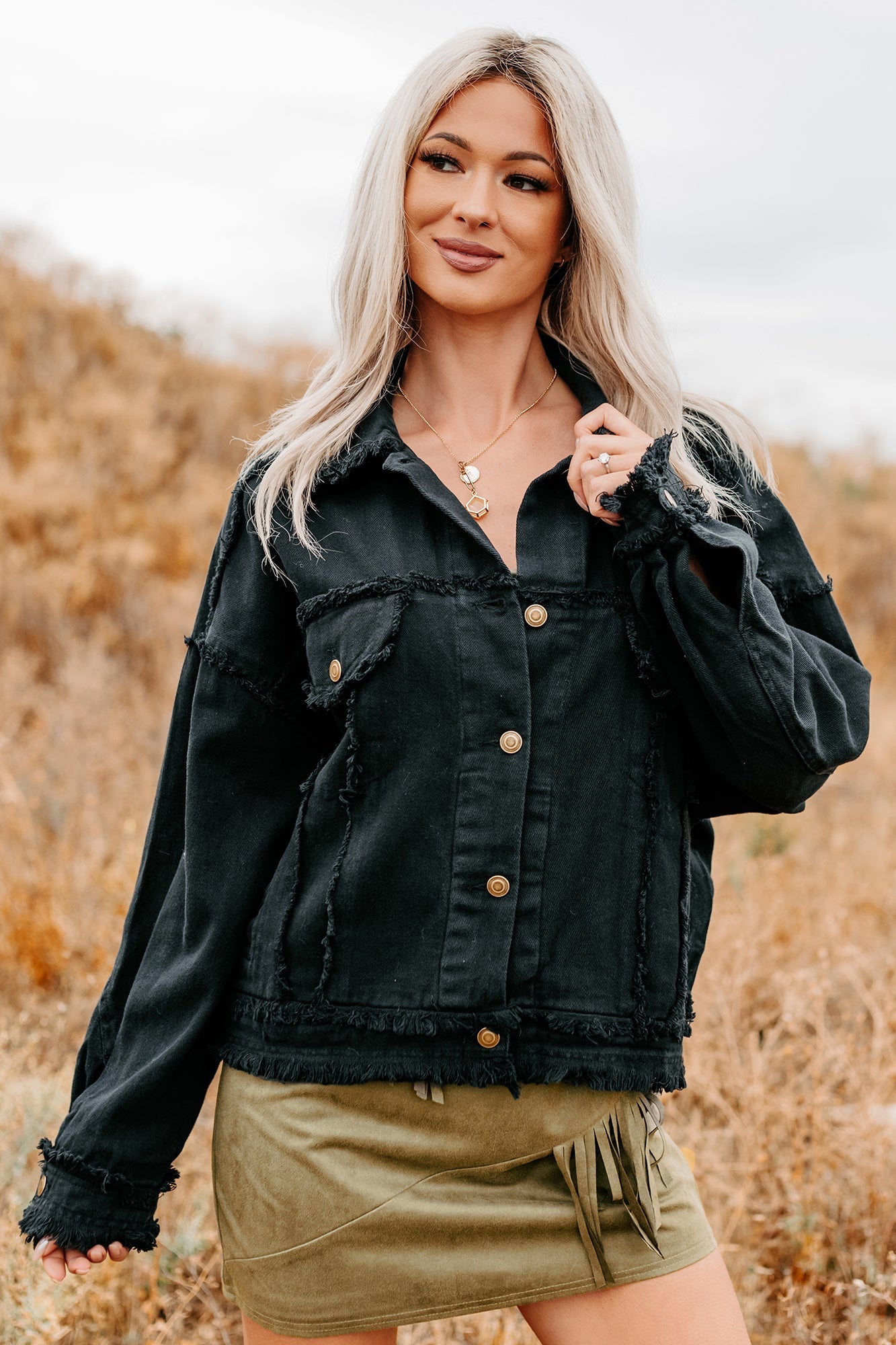 Steady Ground Raw Seam Denim Shacket (Black)