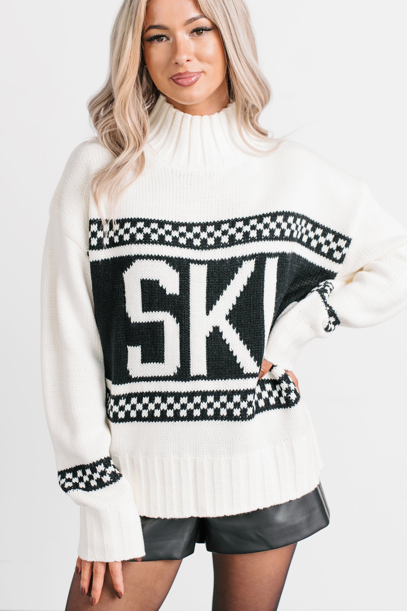 Ski You Later Graphic Mock Neck Sweater (Off White)