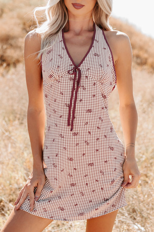 You Again Floral Gingham Halter Mini Dress (Burgundy)