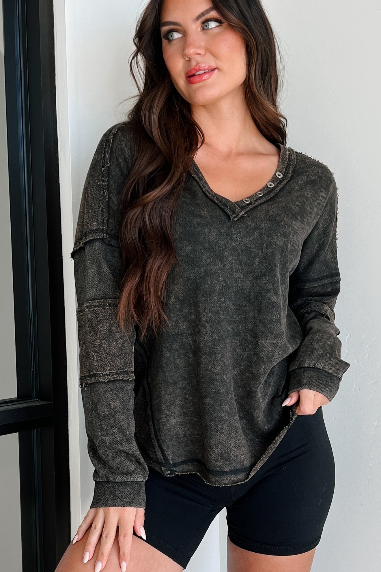 Samson Raw Edged Oversized Long Sleeve Top (Black)