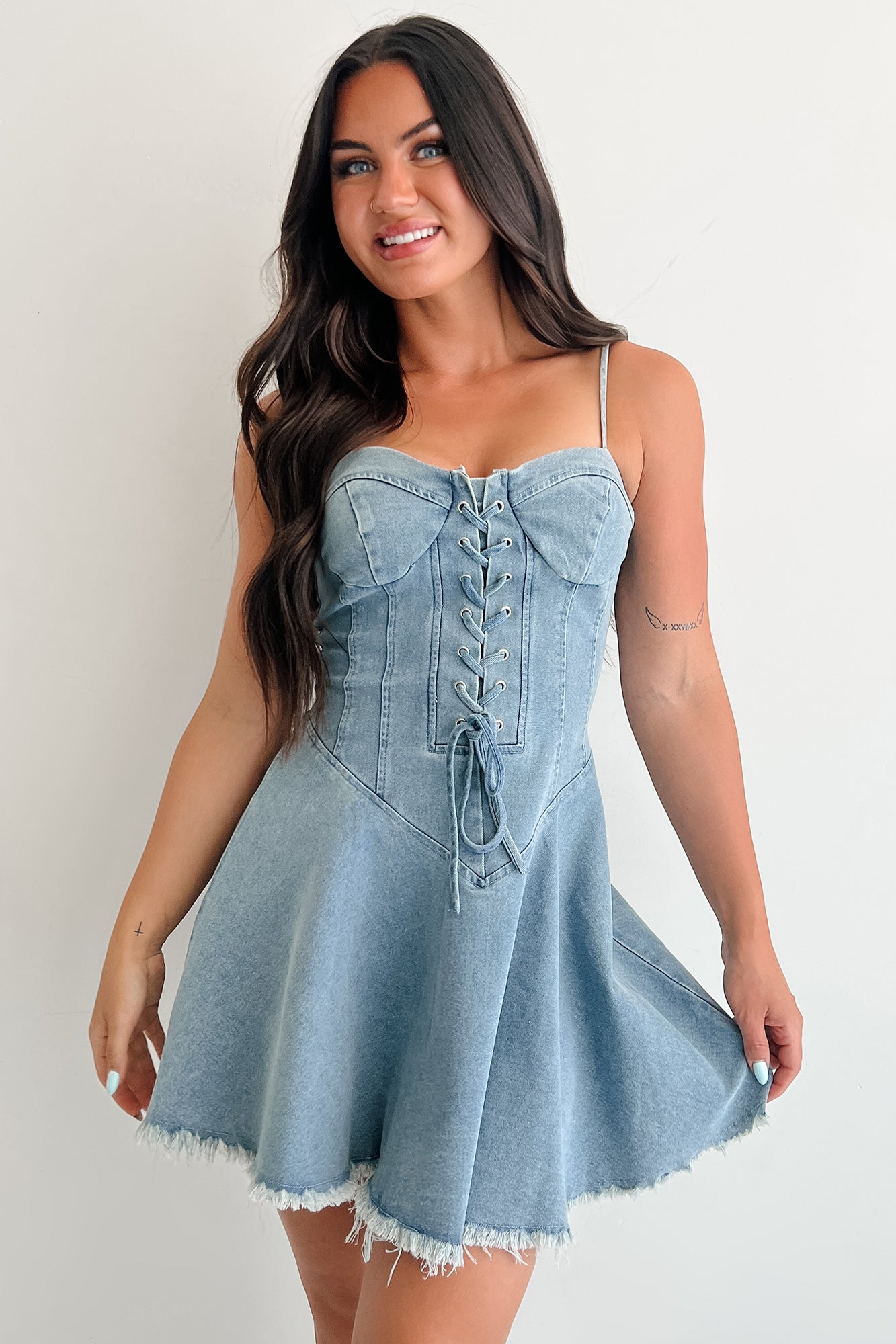 Watch Her Rise Sleeveless Denim Mini Dress (Denim)