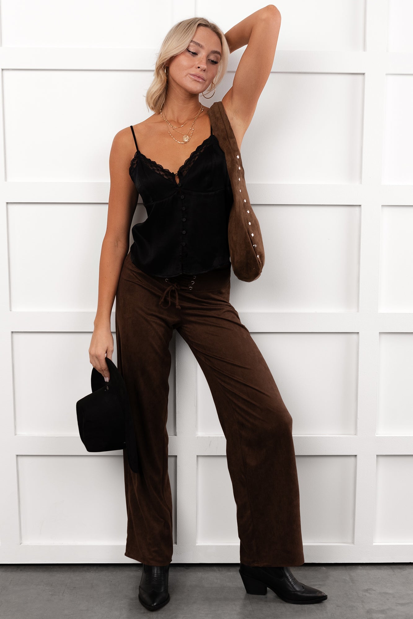 Unmatched Charm Lace-Up Suede Pants (Brown)