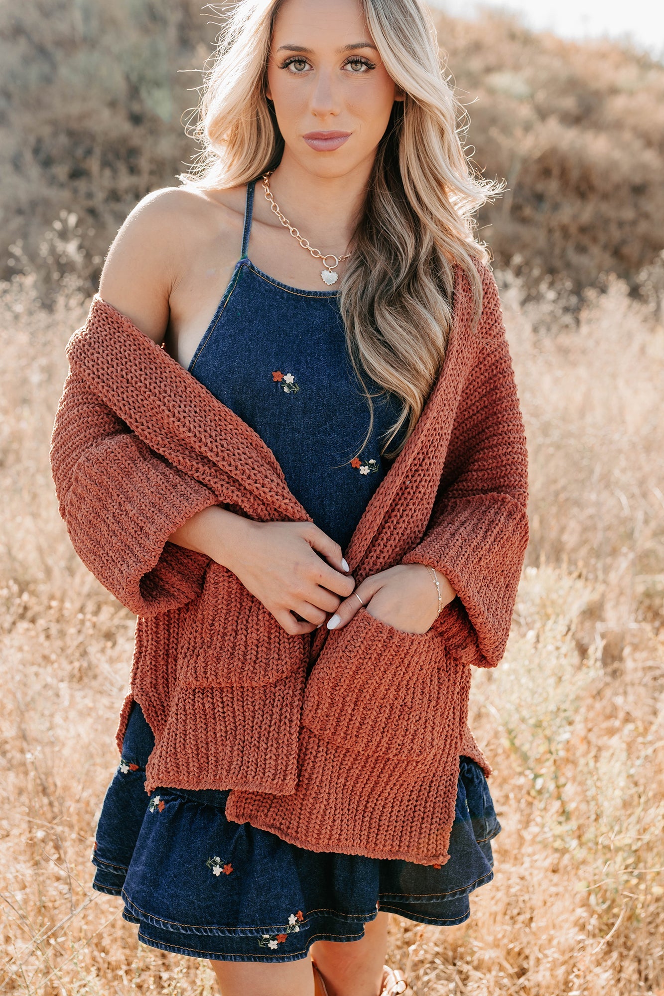 Quiet Times Cuffed Sleeve POL Cardigan (Brick)