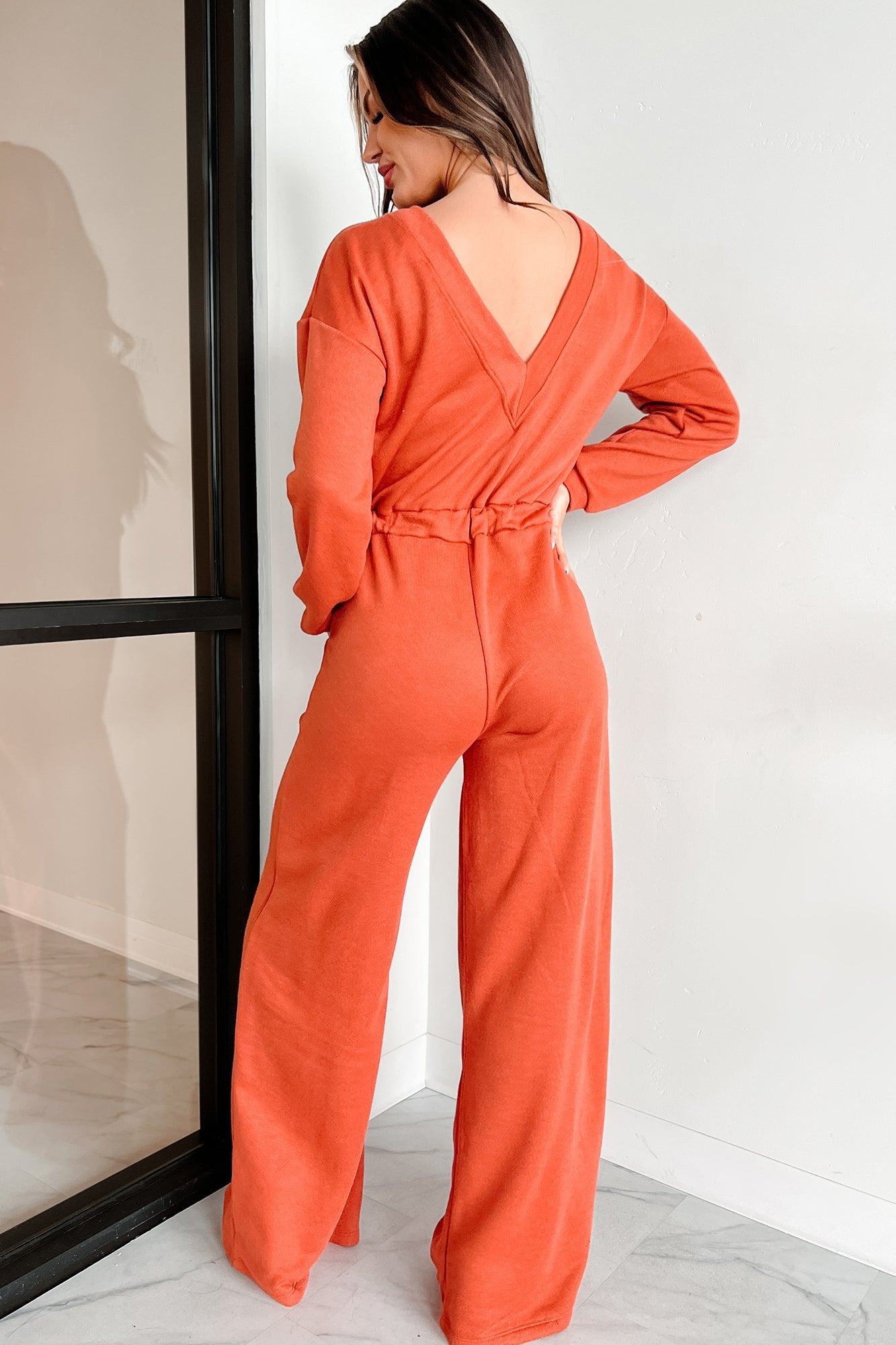 Plausible Deniability Long Sleeve Wide Leg Jumpsuit (Rust)