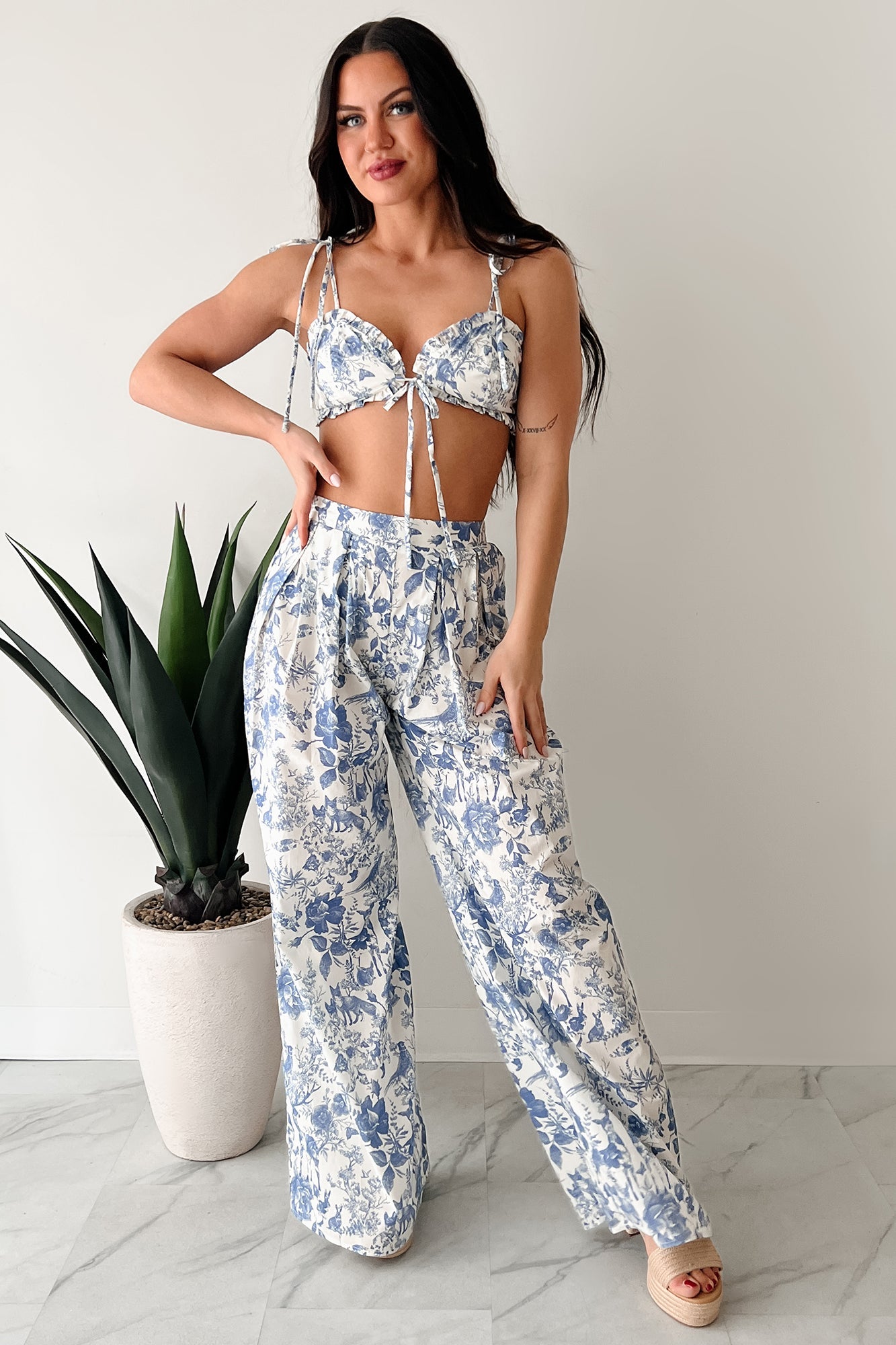 Vive La Vie Printed Crop Top & Pant Set (Blue)