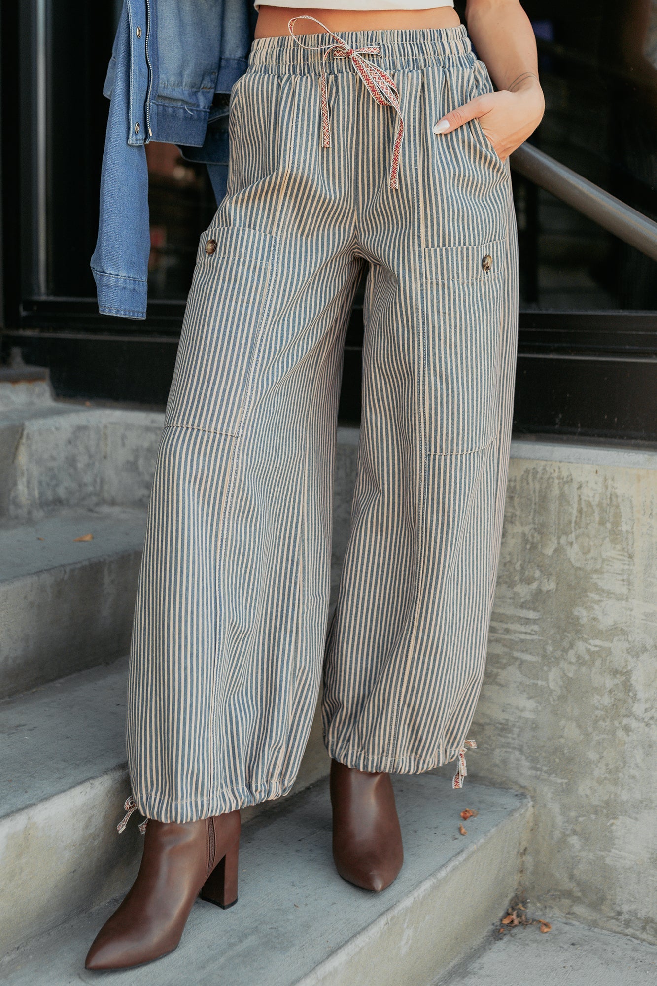 Restless Heart Striped Wide Leg Drawstring Pants (Latte)