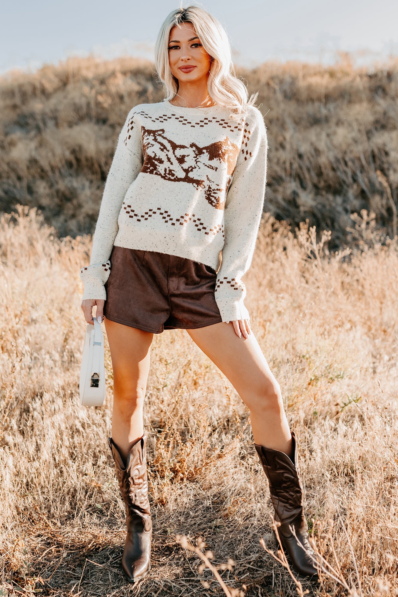 Rodeo Radiance Horse Pattern Knit Sweater (Oatmeal)