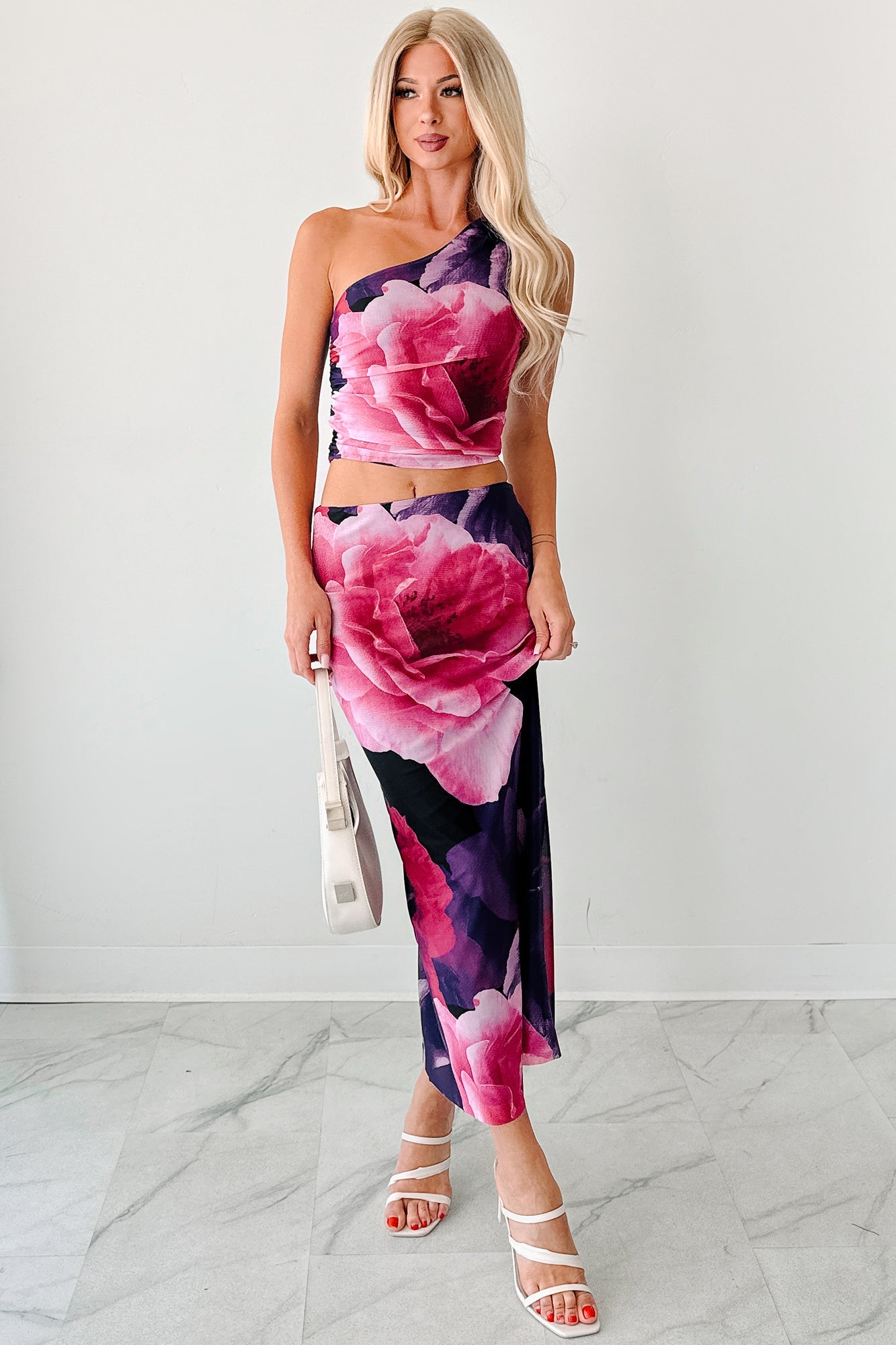 Soft Reign One Shoulder Floral Mesh Top (Purple/Pink)