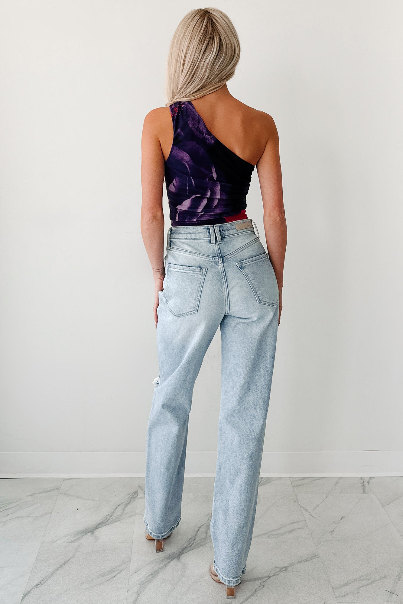 Soft Reign One Shoulder Floral Mesh Top (Purple/Pink)