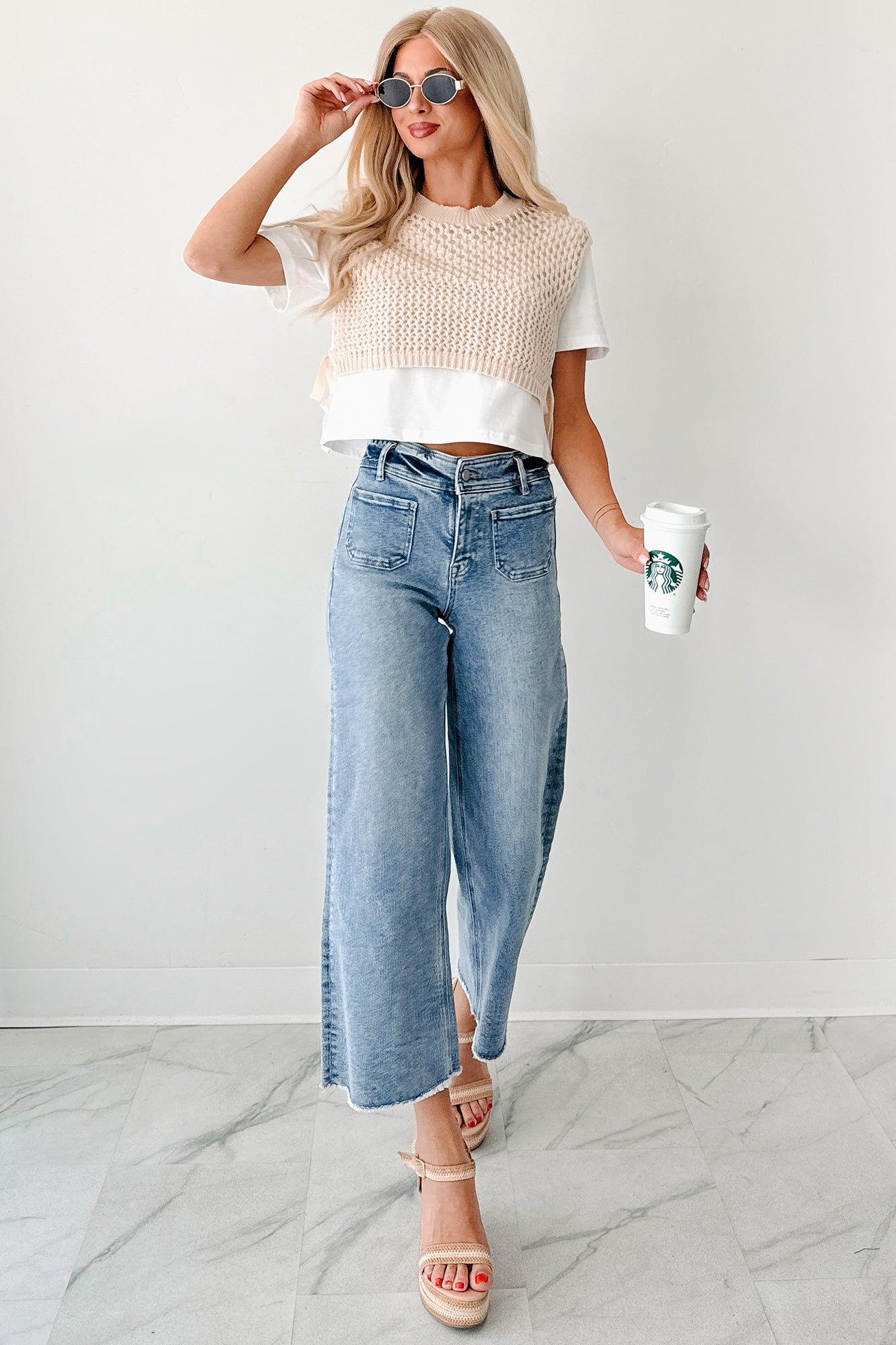 Too Cool To Care Layered Crochet Vest Tee (Bone)