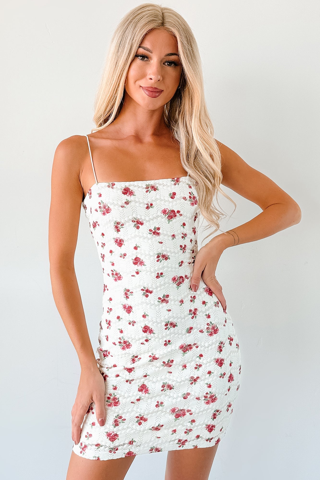Perfectly Placed Floral Lace Mini Dress (Off White)