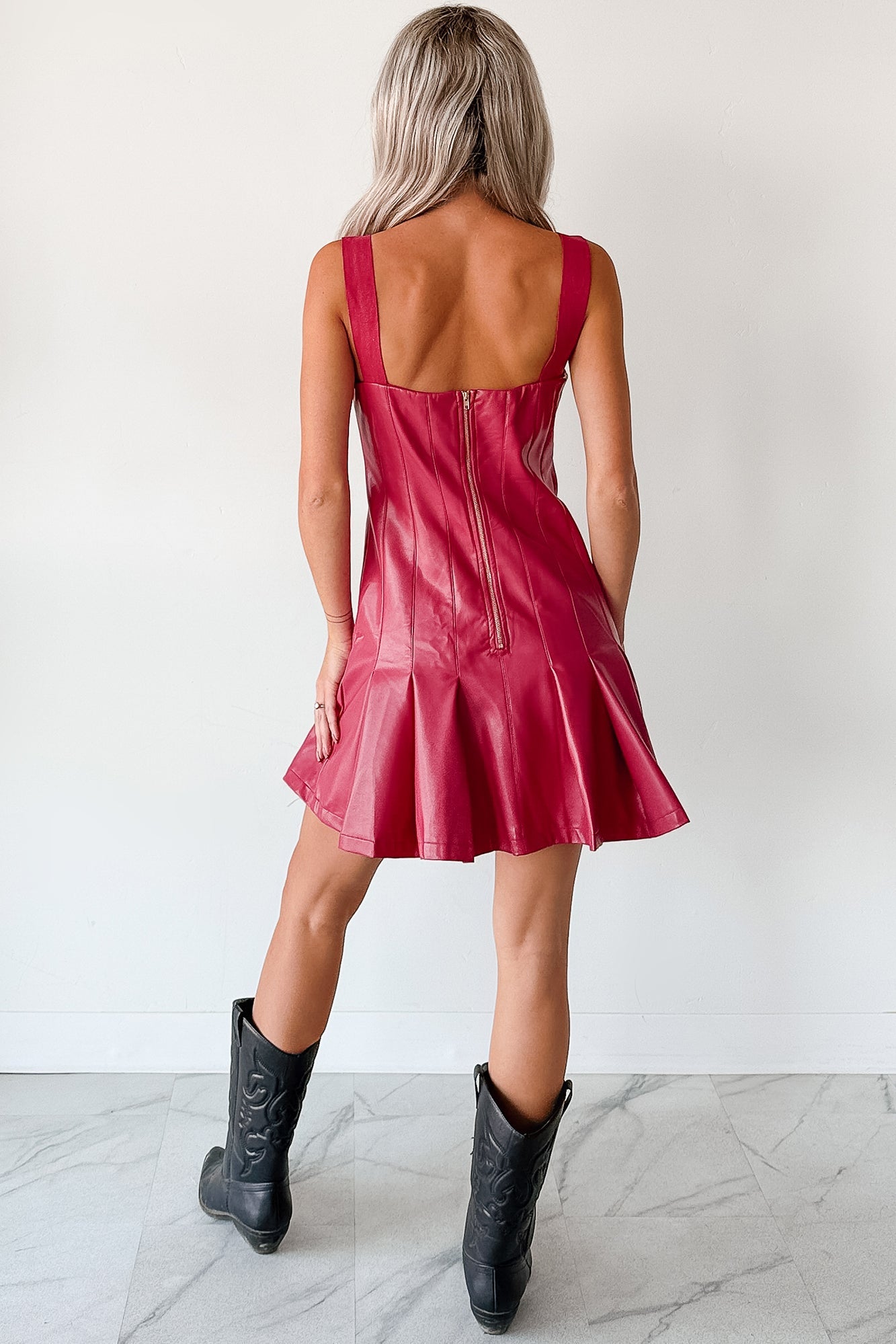 One Of None Pleated Faux Leather Dress (Magenta)