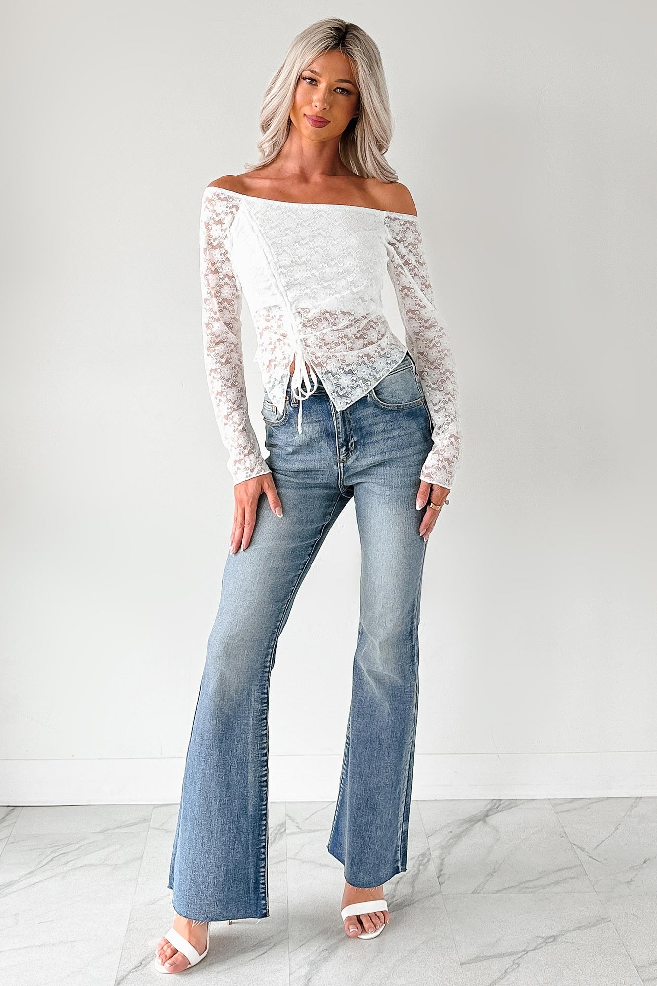 Up To Standard Ruched Lace Asymmetric Top (Ivory)