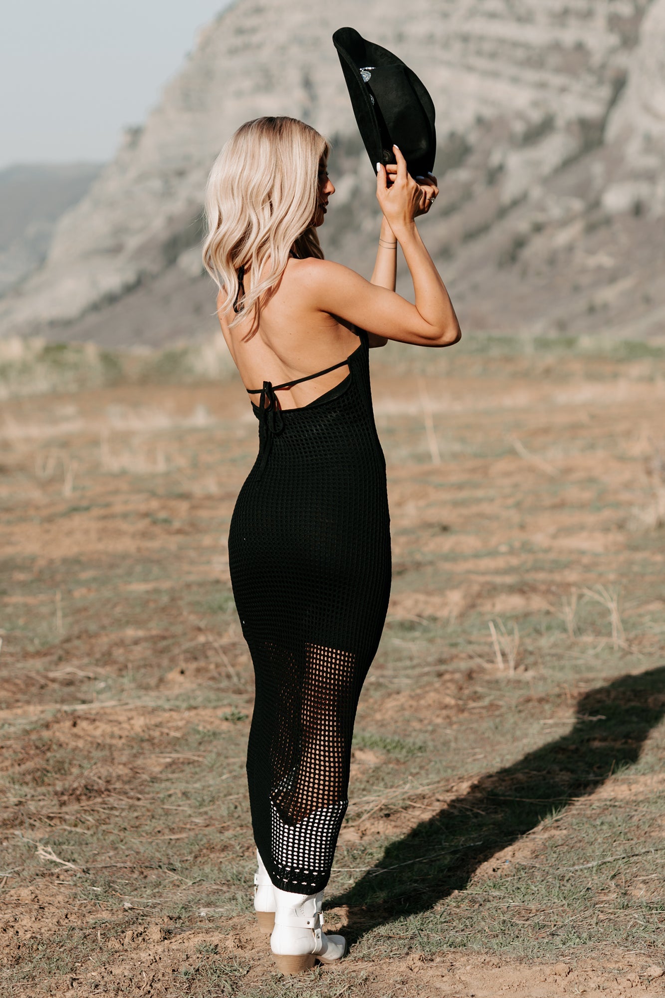 Seeking Peace Halter Crochet Midi Dress (Black)